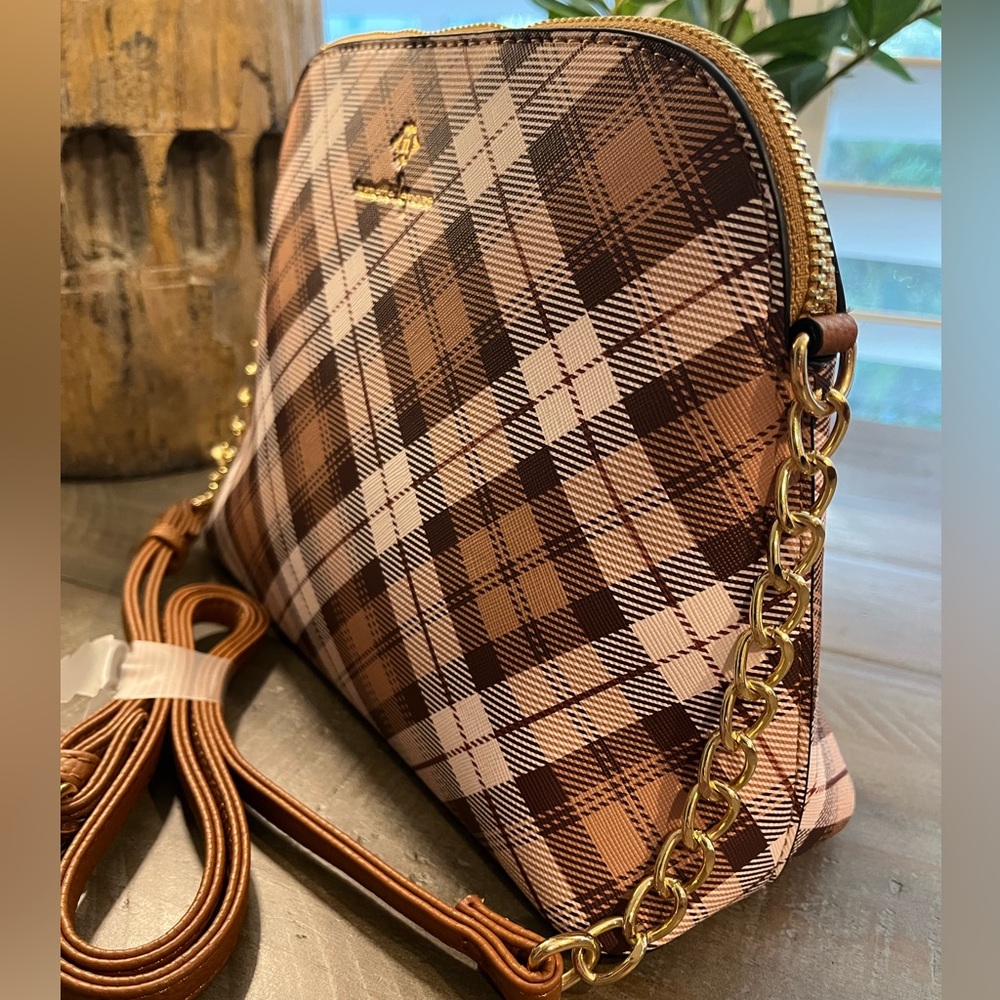 Nanette Lepore Plaid Domed Satchel Crossbody Bag in Brown, Tan & Cream
